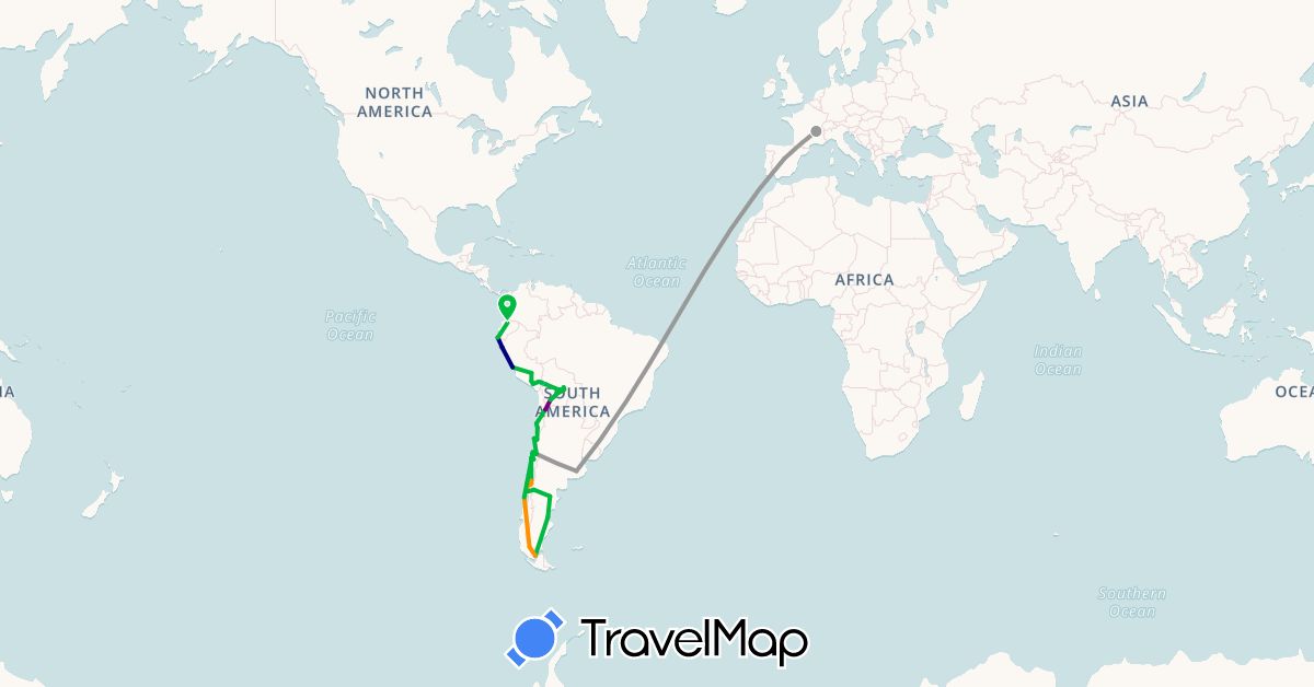 TravelMap itinerary: driving, bus, plane, boat, hitchhiking, 4x4 in Argentina, Bolivia, Chile, Ecuador, Spain, France, Peru (Europe, South America)